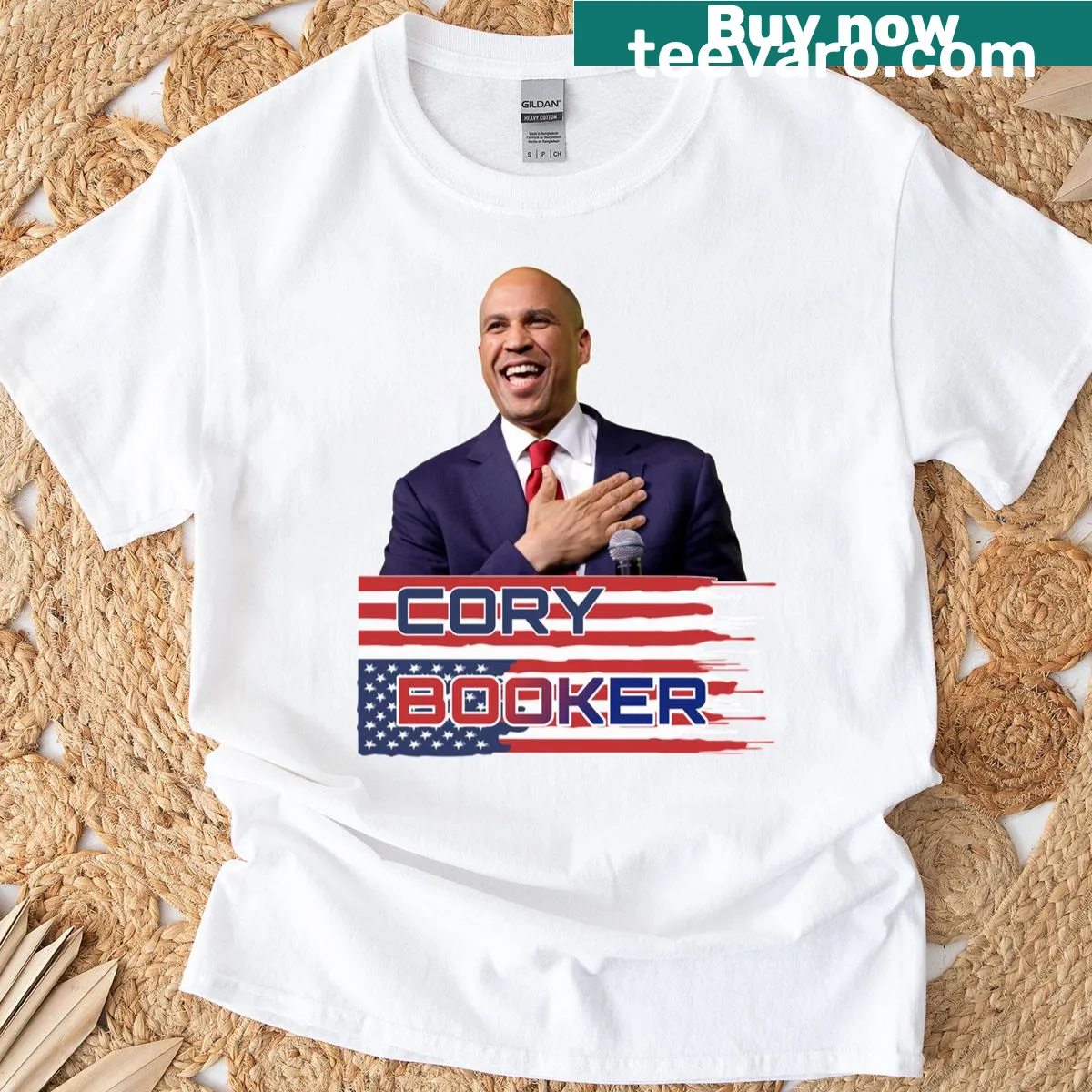 Essential Cory Booker graphic t-shirt with playful design — on a men's t-shirt