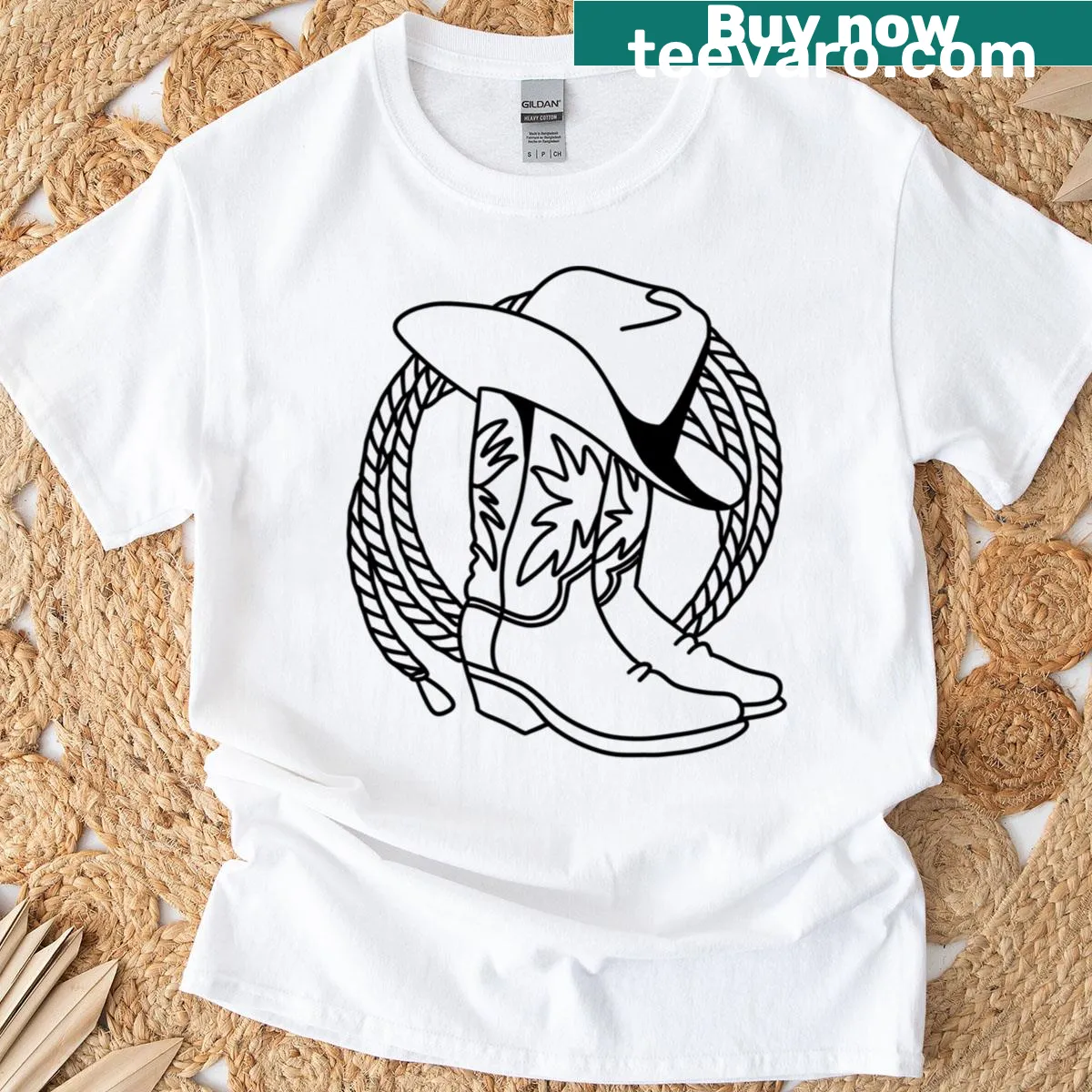 Classic t-shirt featuring a graphic of cowboy boots and a lasso, celebrating country culture. — on a men's t-shirt
