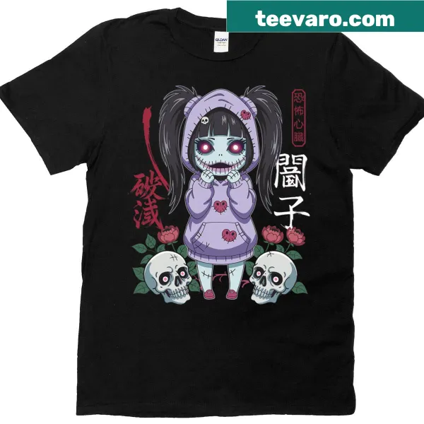 Creepy doll design with Kanji characters on a goth horror T-shirt