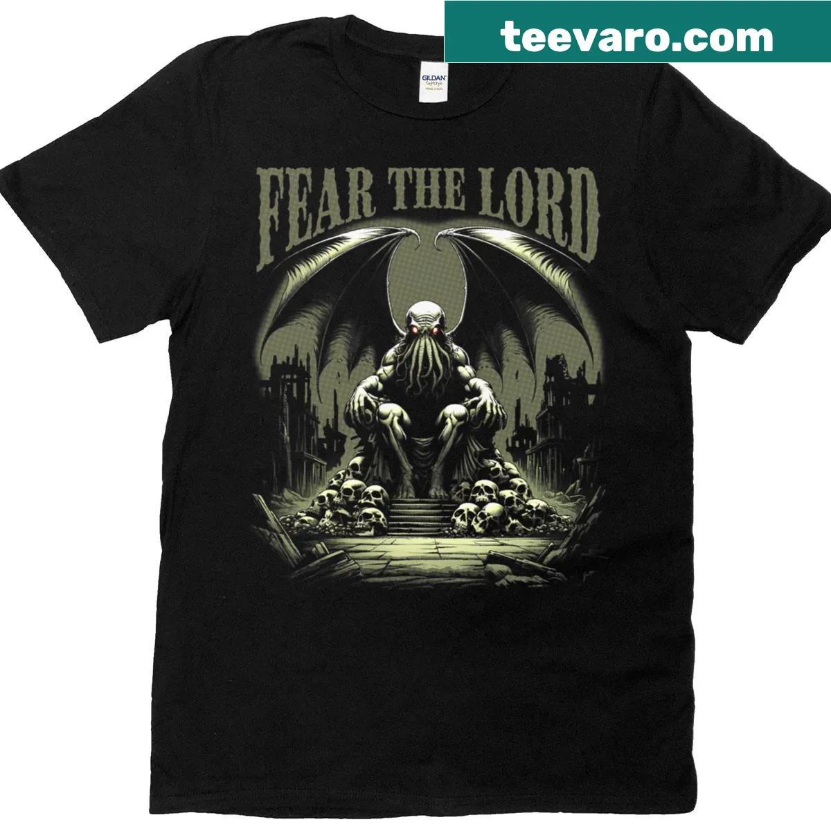 Vintage Cthulhu t-shirt with a graphic and text saying 'Fear the Lord' — on a men's t-shirt