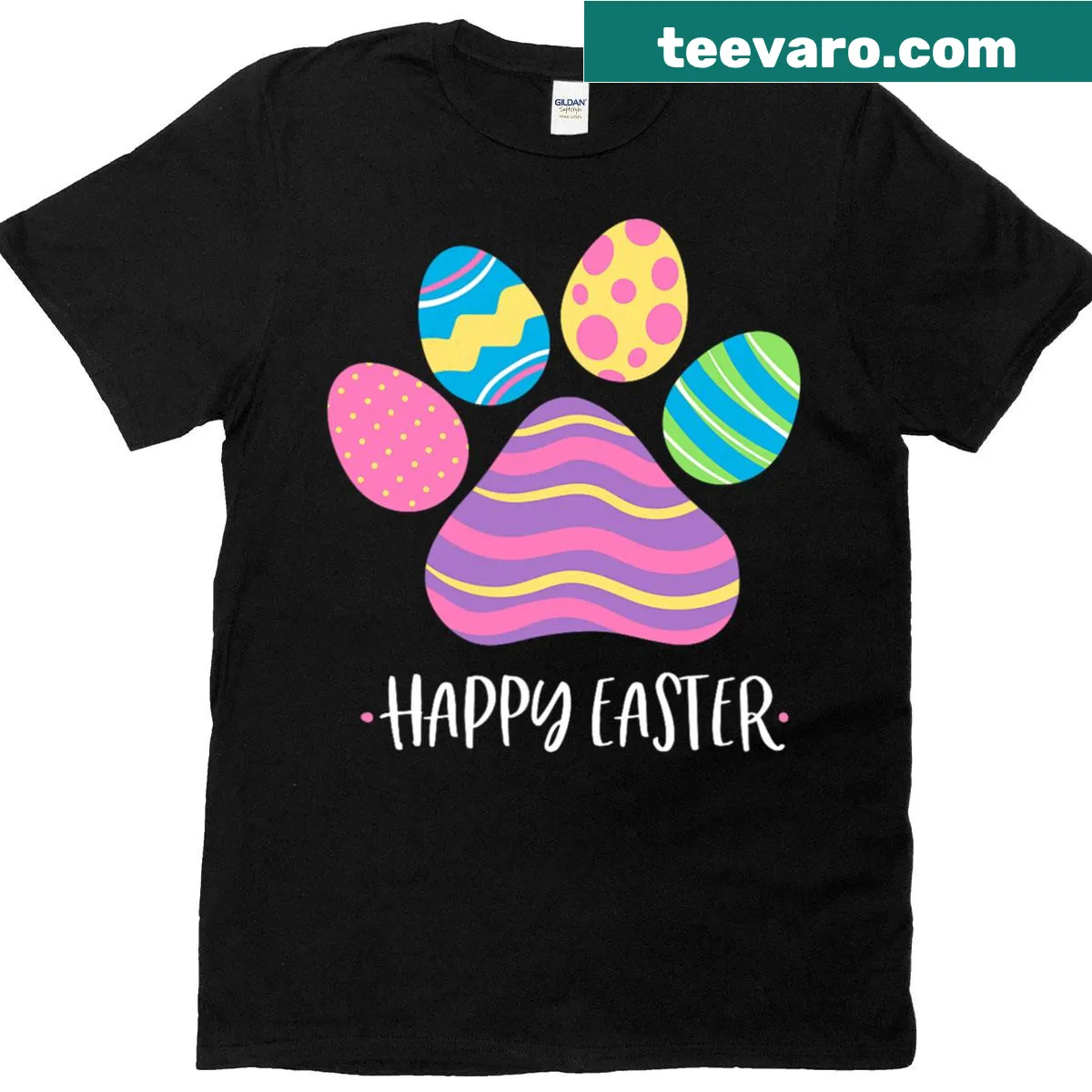 Cute T-shirt with dog paw prints and Easter eggs design — on a men's t-shirt