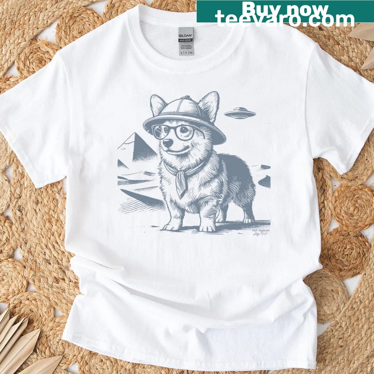 Funny Corgi UFO T-shirt with cartoon corgi and pyramids — on a men's t-shirt