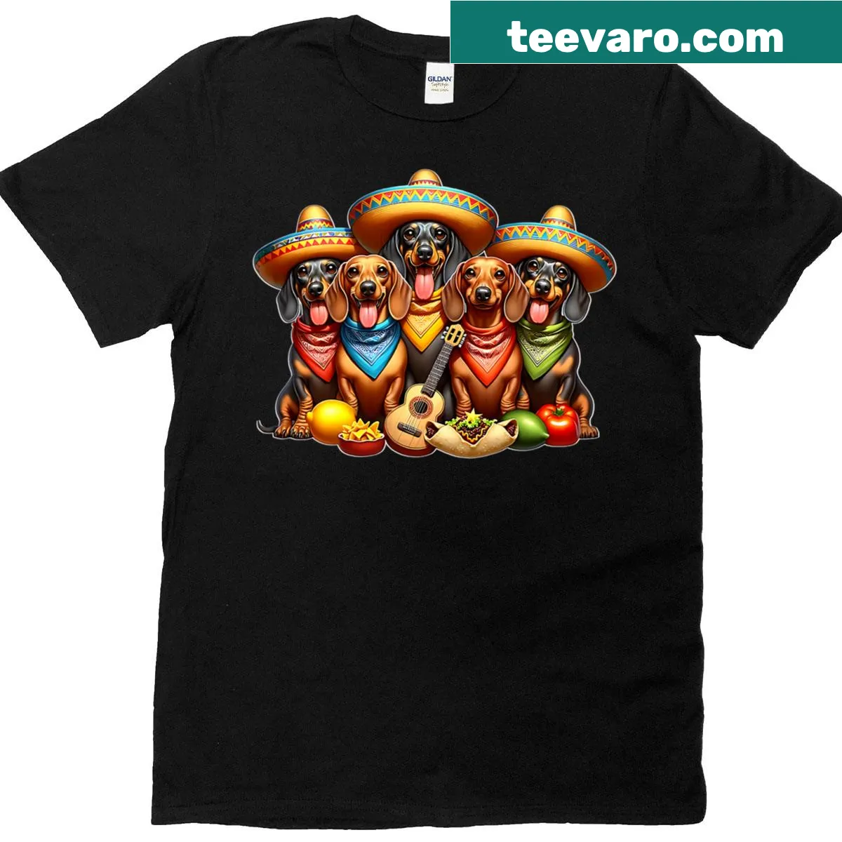 Dachshund in festive attire for Cinco de Mayo graphic — on a men's t-shirt