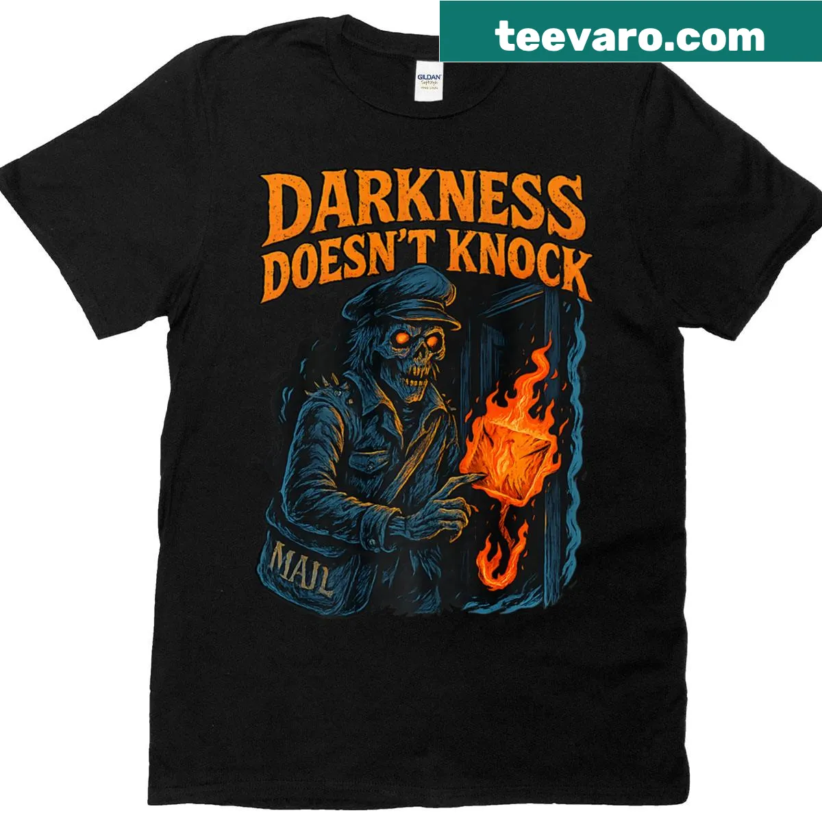Graphic of a haunting postman on a horror t-shirt — on a men's t-shirt
