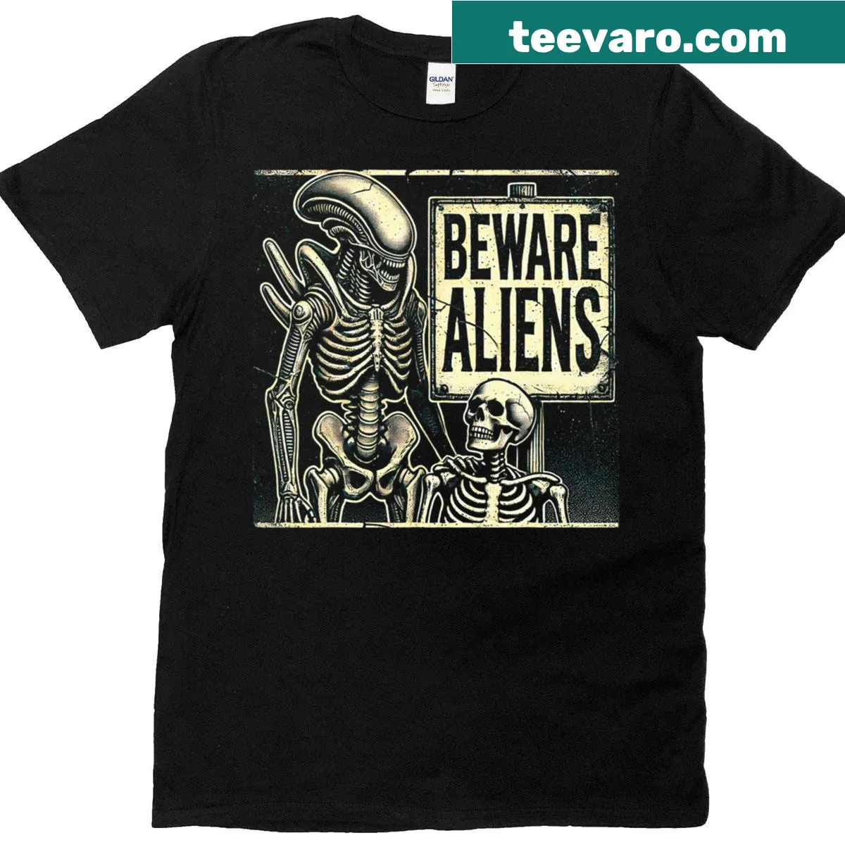 Skeleton and alien warning graphic on a distressed t-shirt — on a men's t-shirt