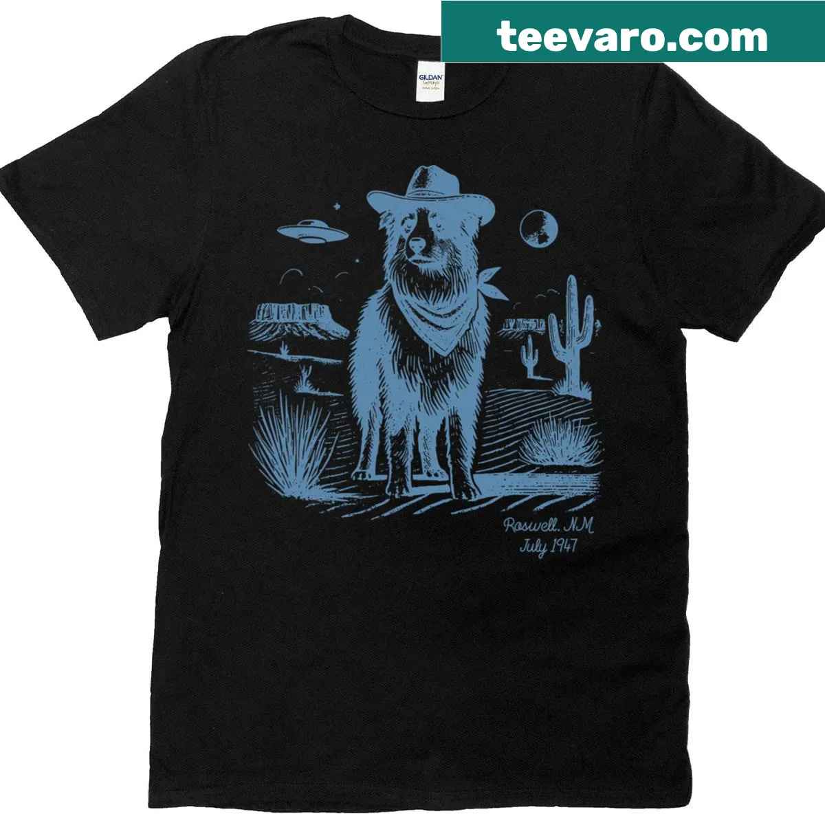 Vintage-style graphic of an Australian Shepherd with a UFO and cowboy theme — on a men's t-shirt