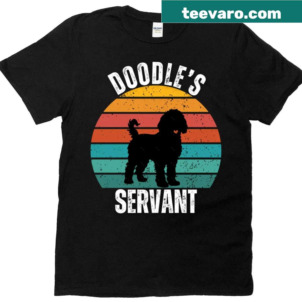 Vintage doodle-style t-shirt with a dog silhouette and sunset — on a men's t-shirt