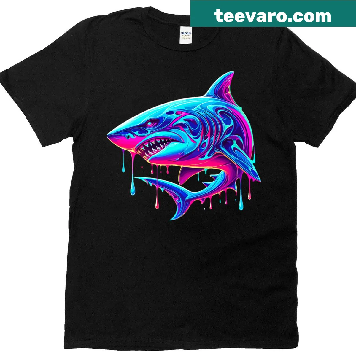 Artistic dripping paint design of sharks — on a men's t-shirt