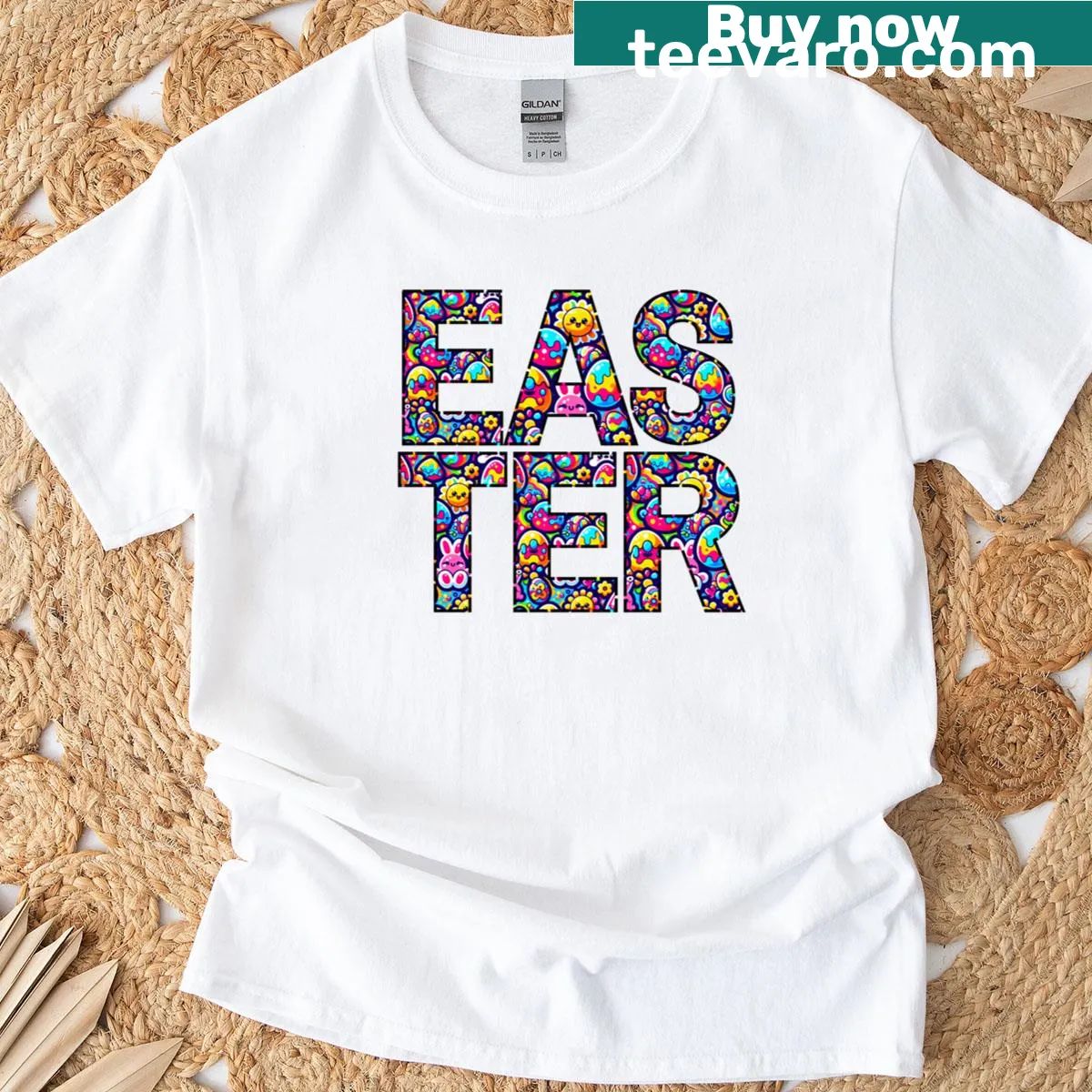 Cute Easter t-shirt featuring a bunny and candy pattern — on a men's t-shirt