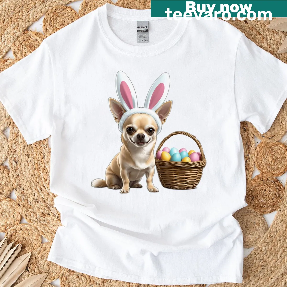 Illustration of a cute Chihuahua dressed for Easter on a classic t-shirt — on a men's t-shirt