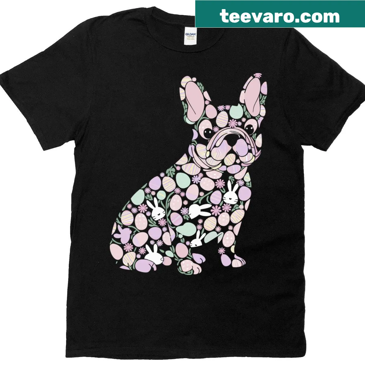 T-shirt featuring a French Bulldog with Easter-themed design — on a men's t-shirt
