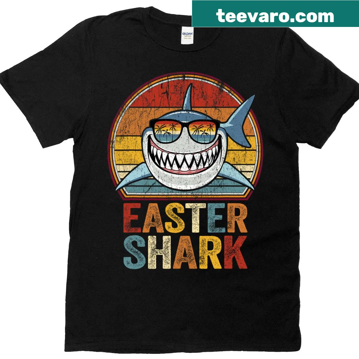 Funny Easter Shark t-shirt with retro sunset design — on a men's t-shirt