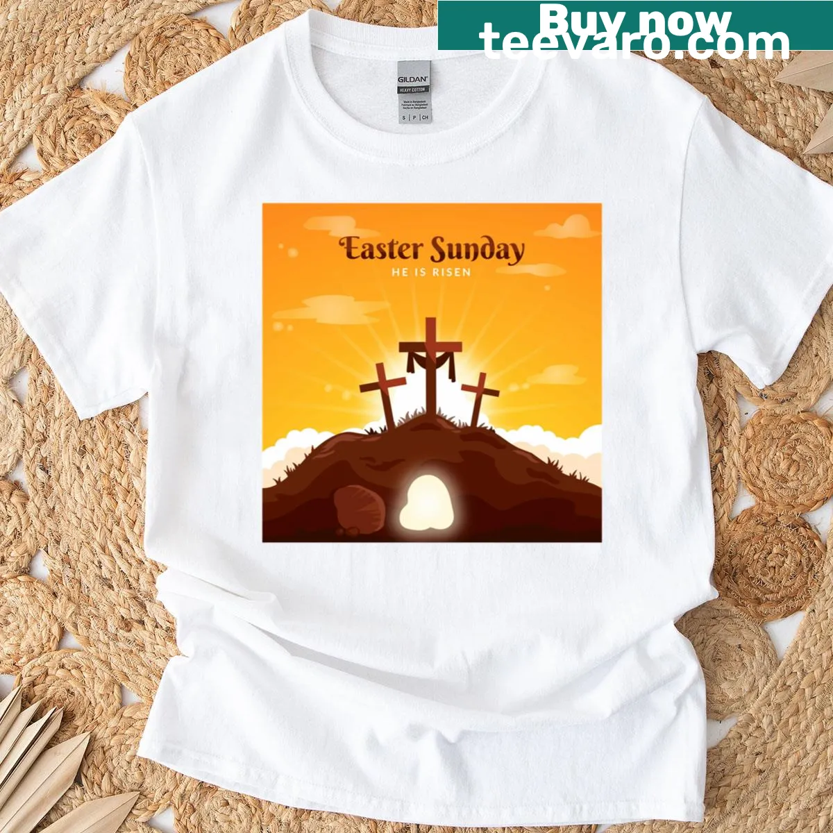 He Is Risen Easter Sunday T-shirt with typography design — on a men's t-shirt