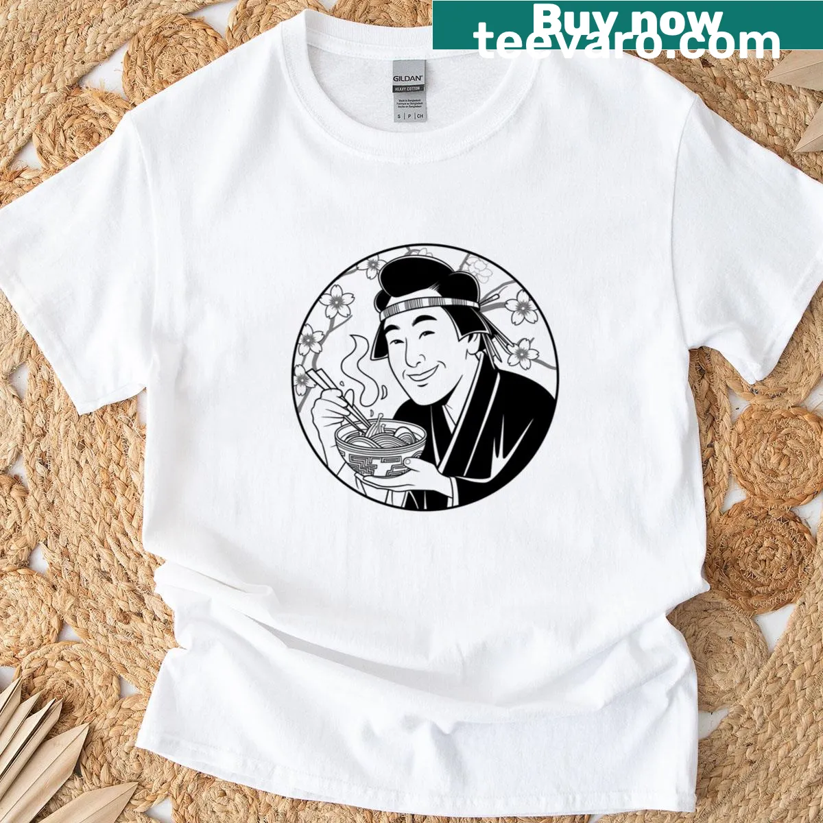 Playful t-shirt with a flower design and ramen bowls — on a men's t-shirt