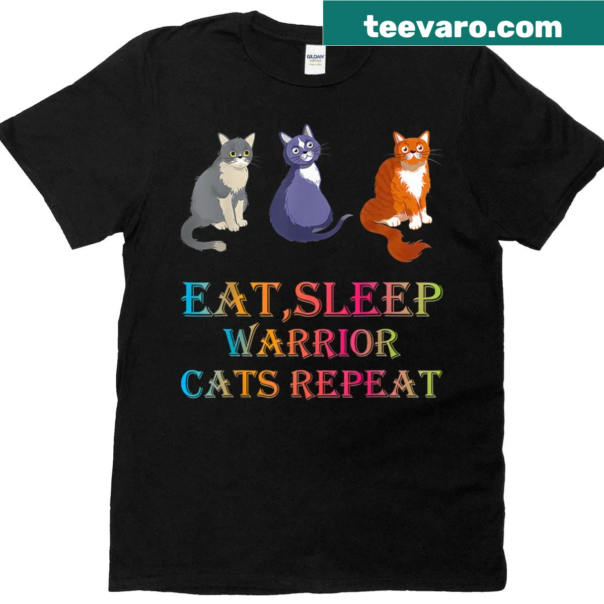 Warrior Cats-themed T-shirt with 'Eat Sleep Warrior Cats Repeat' text — on a men's t-shirt