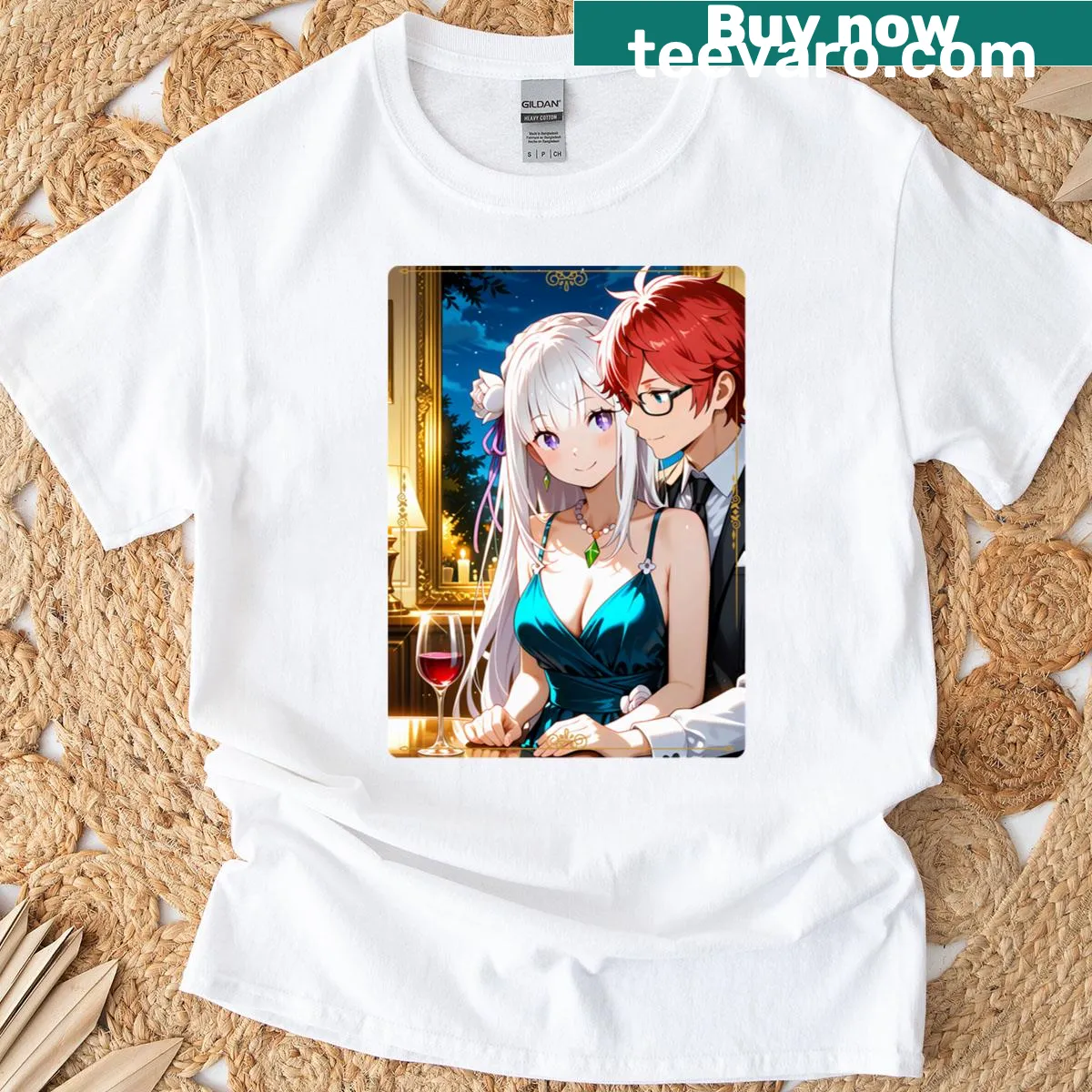 Illustrative fantasy t-shirt featuring Emilia and Reinhard. — on a men's t-shirt