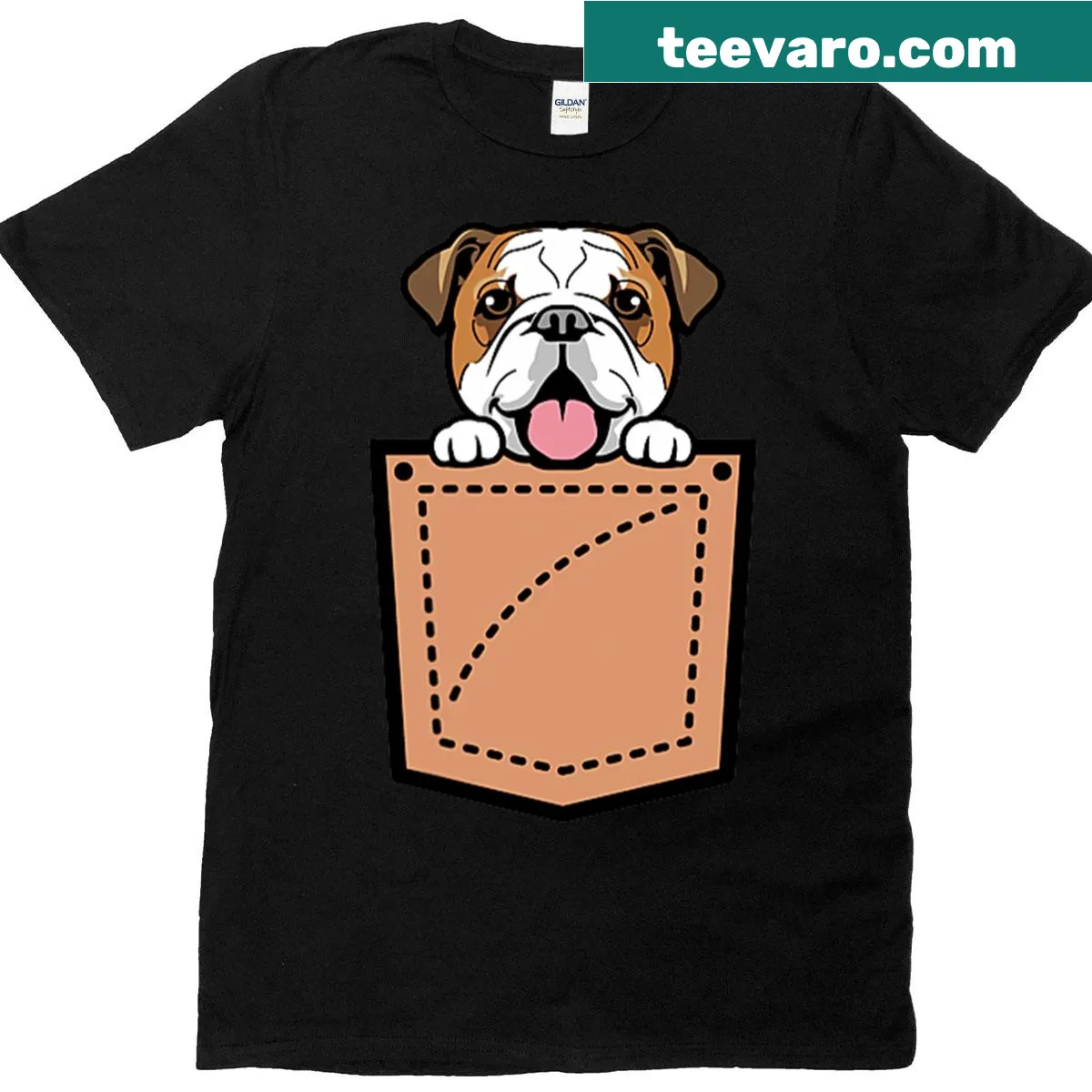 English Bulldog graphic in a pocket design on a t-shirt — on a men's t-shirt