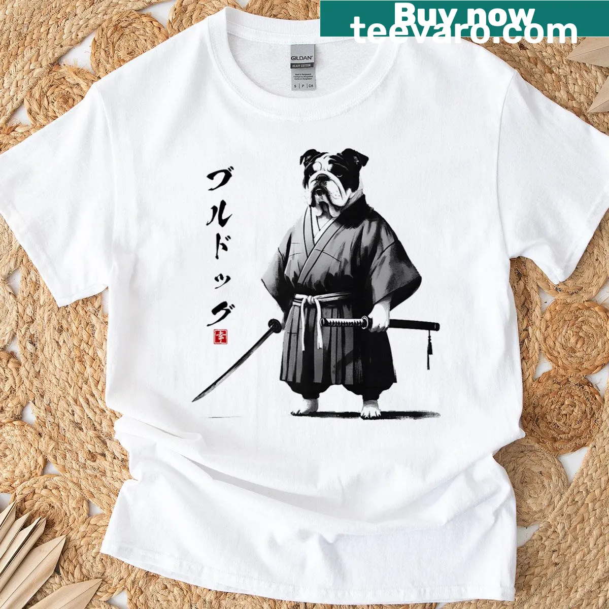 Bulldog samurai warrior T-shirt illustrated in Ukiyo-e style — on a men's t-shirt