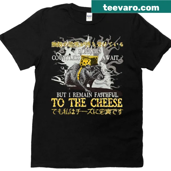 Funny Japanese horror T-shirt featuring a rat and cheese design