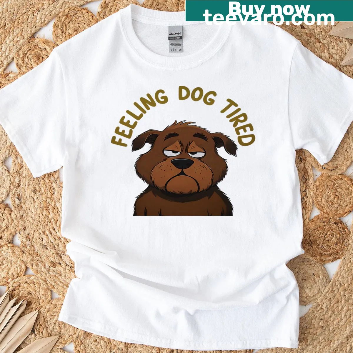 T-shirt featuring the phrase Feeling Dog Tired in playful typography — on a men's t-shirt