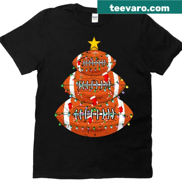 Humorous T-shirt with a football-themed holiday tree design