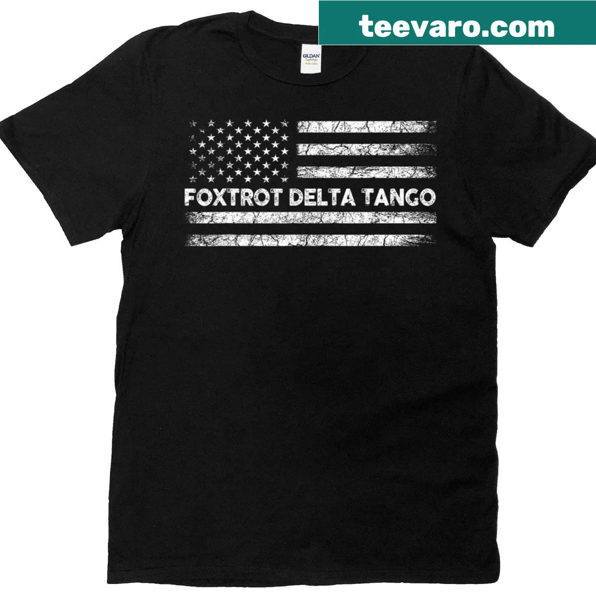 Playful t-shirt with US flag and military phonetic references in cartoon style — on a men's t-shirt
