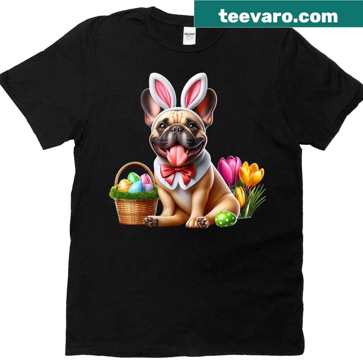 Cute French Bulldog illustration celebrating Easter — on a men's t-shirt