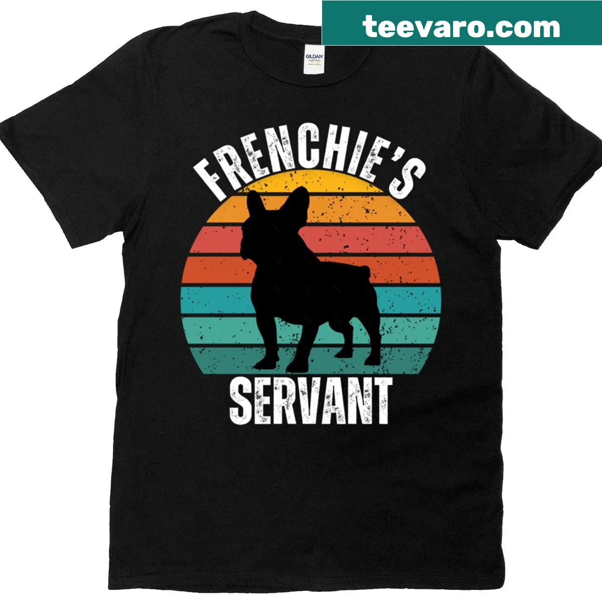 Silhouette of a French Bulldog against a vintage sunset on a classic tee — on a men's t-shirt