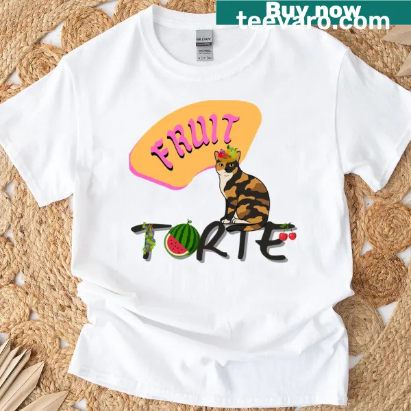 Vintage-style T-shirt with a cute tortie cat and fruit tart design