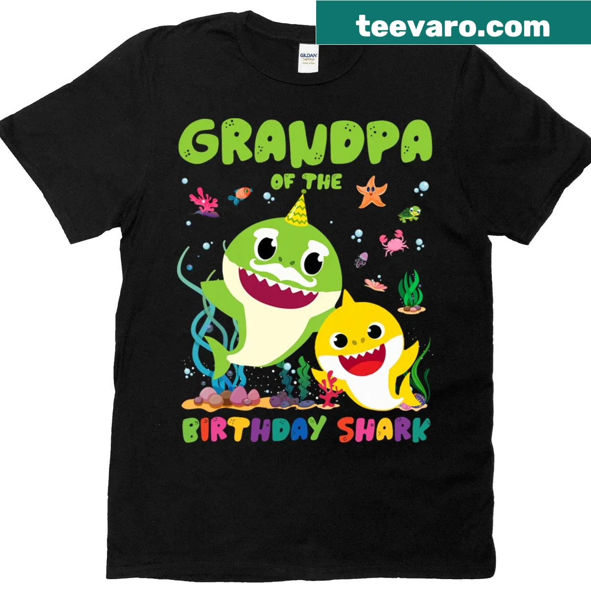 Funny shark graphic celebrating grandpas and birthdays, perfect for family occasions — on a men's t-shirt