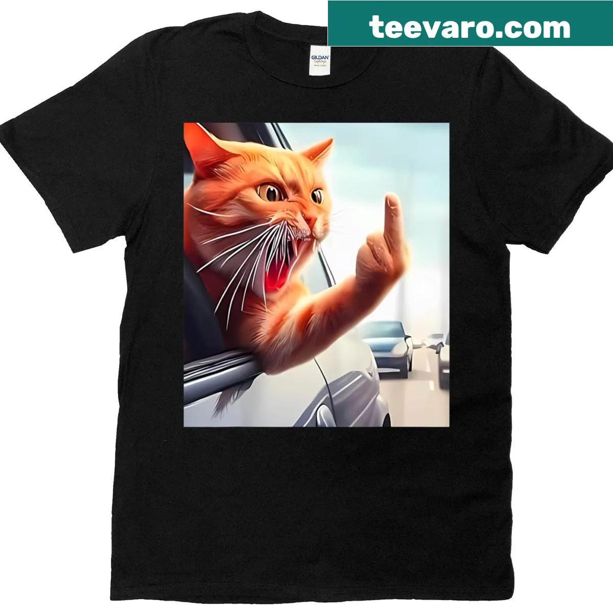 Cartoon cat in a car showing a humorous middle finger gesture — on a men's t-shirt