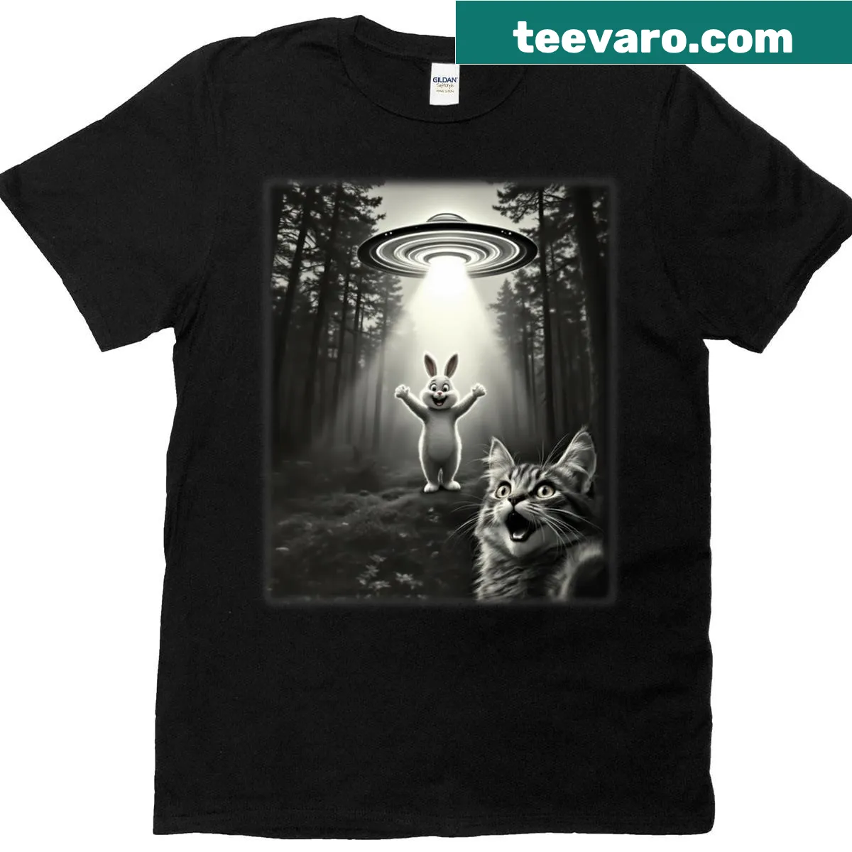 Cartoon of a cat taking a selfie with a UFO and Easter Bunny — on a men's t-shirt