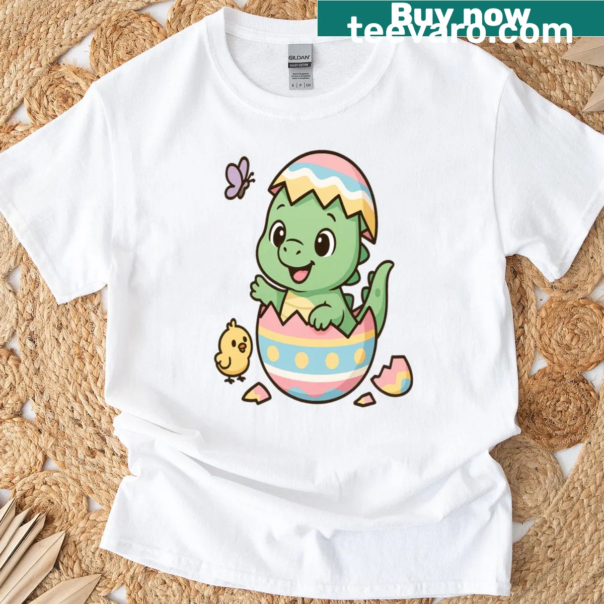 Cute dinosaur hatching from an egg for Easter t-shirt — on a men's t-shirt
