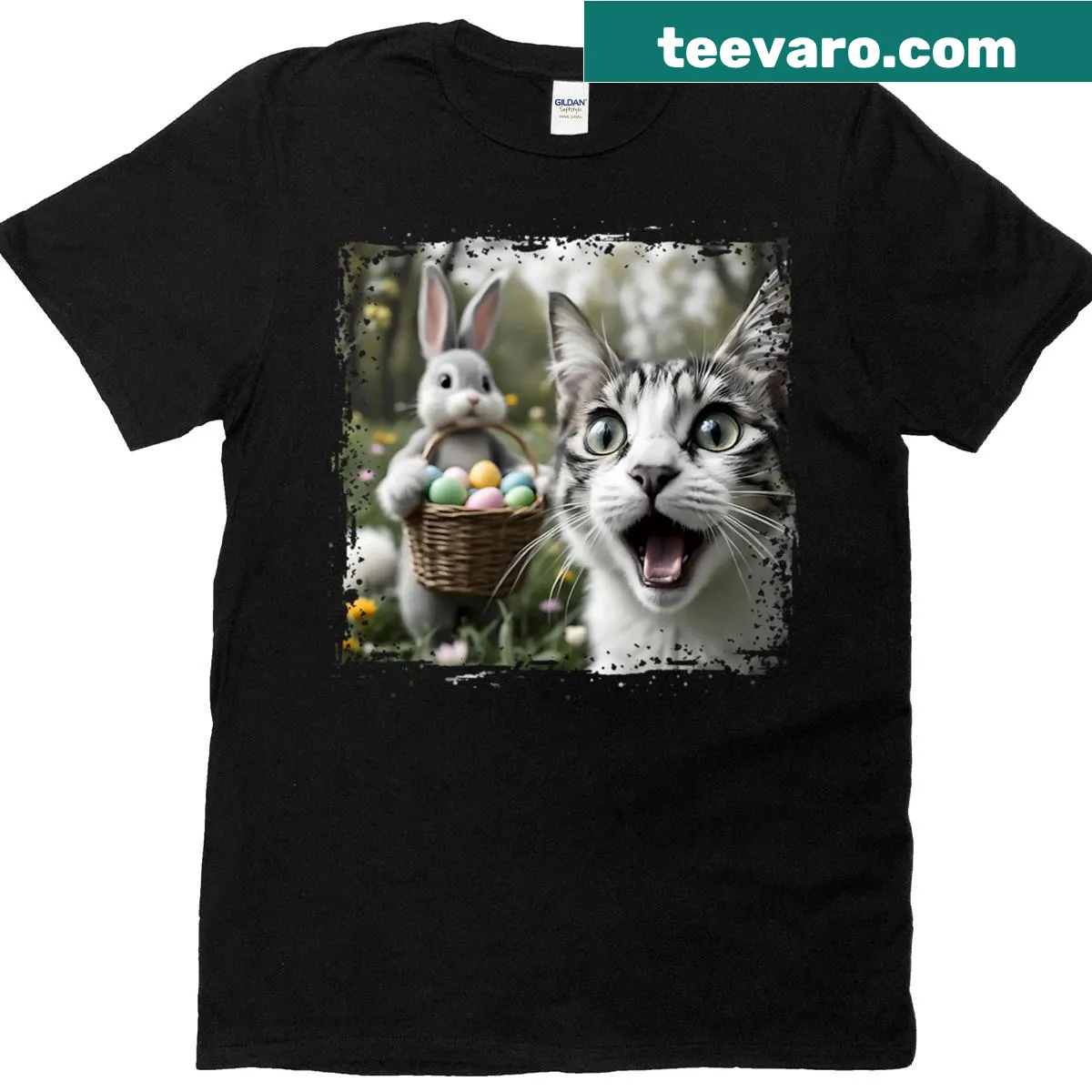 Whimsical illustration of a cat selfie with the Easter Bunny. — on a men's t-shirt