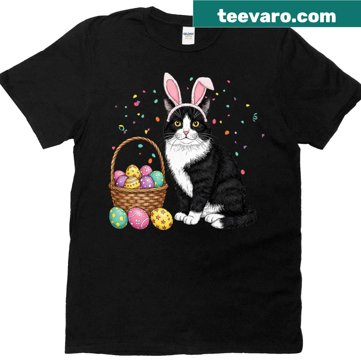Cartoon T-shirt featuring a cat with bunny ears for Easter — on a men's t-shirt