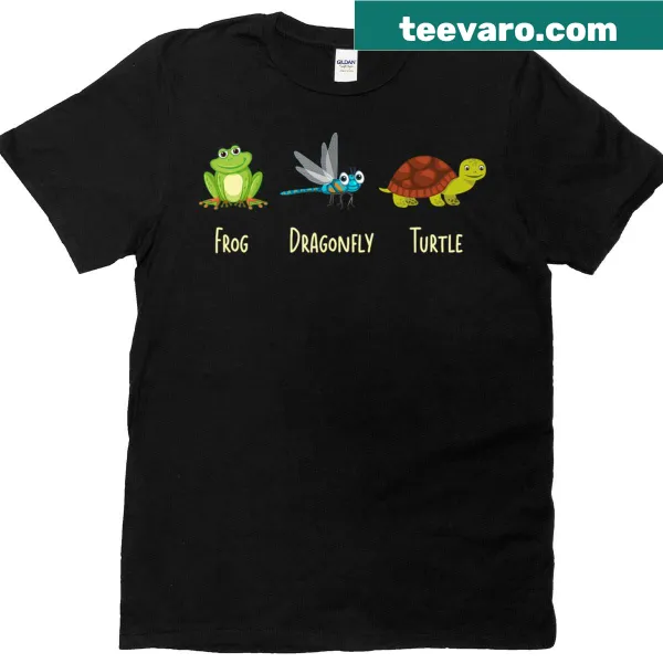 Humorous illustration of a frog, dragonfly, and turtle on a T-shirt