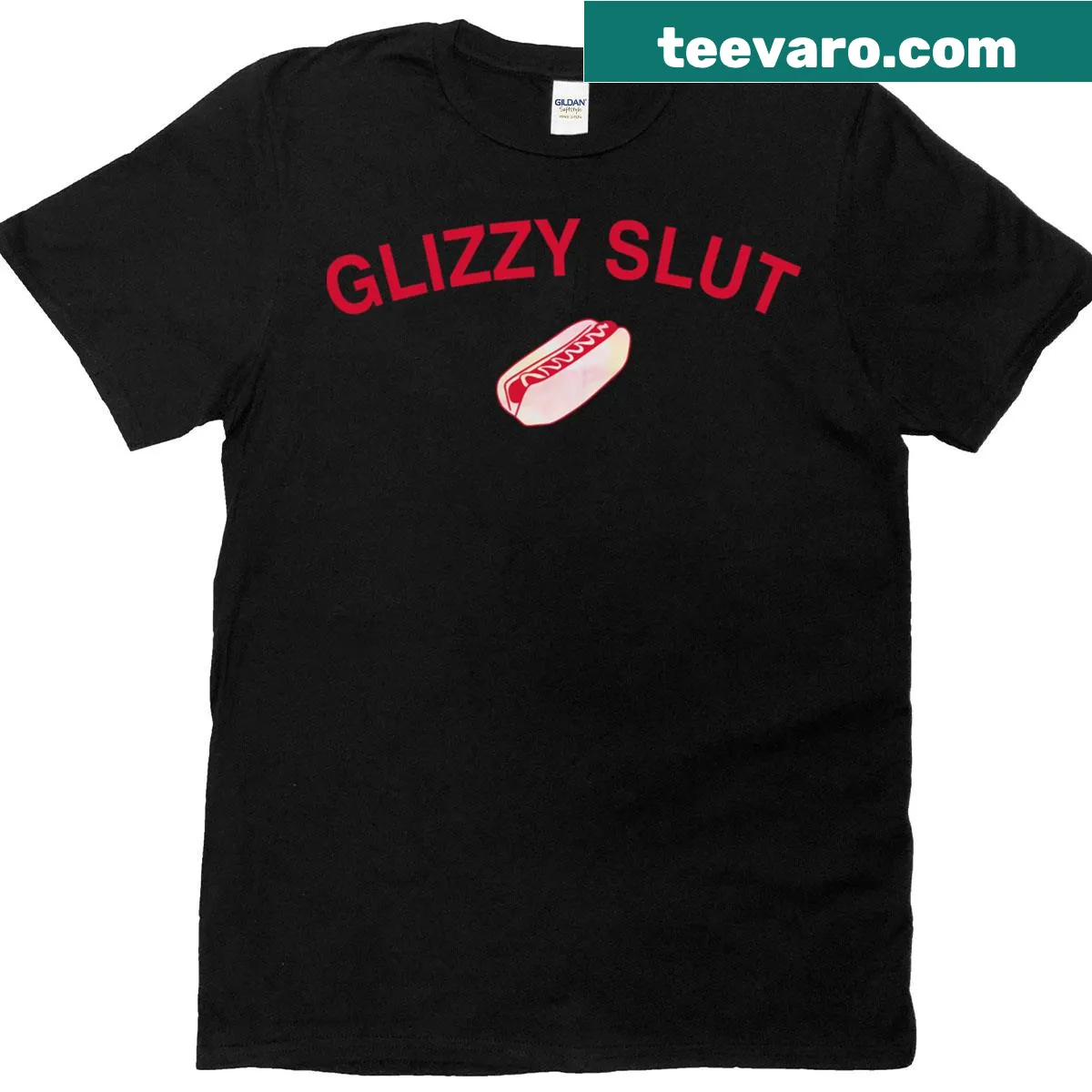 Graphic t-shirt featuring 'Glizzy Slut' text with hotdog illustration — on a men's t-shirt