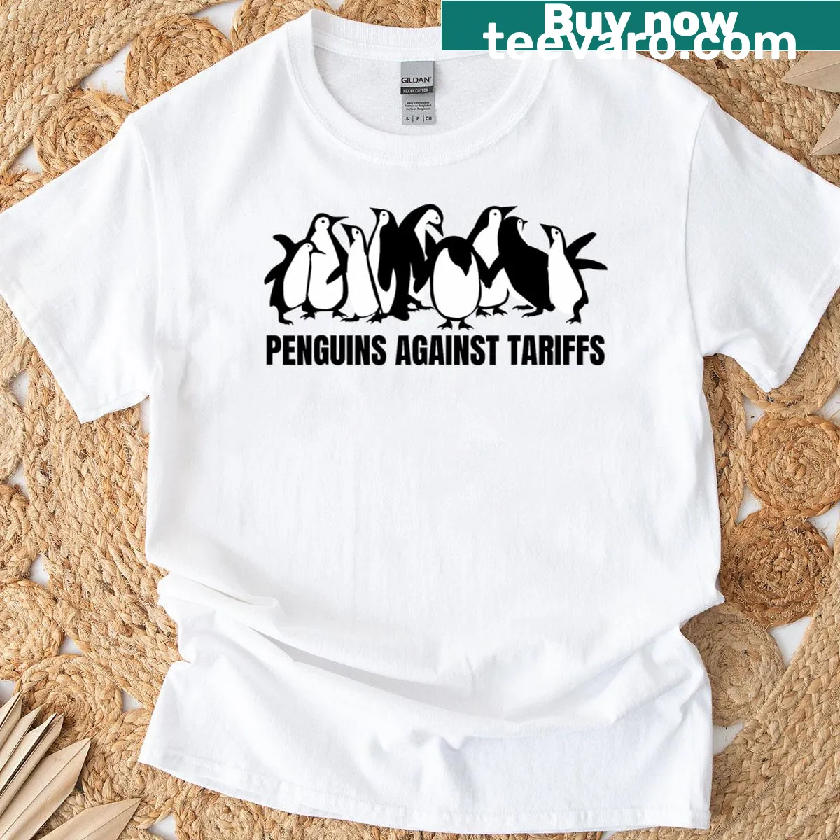 Penguin graphic with a sarcastic saying about tariffs — on a men's t-shirt