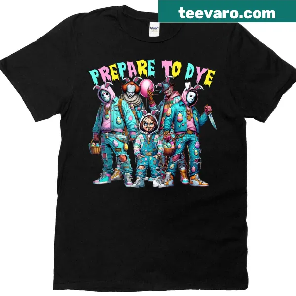 Easter t-shirt with a cartoon bunny dyeing eggs in a funny style