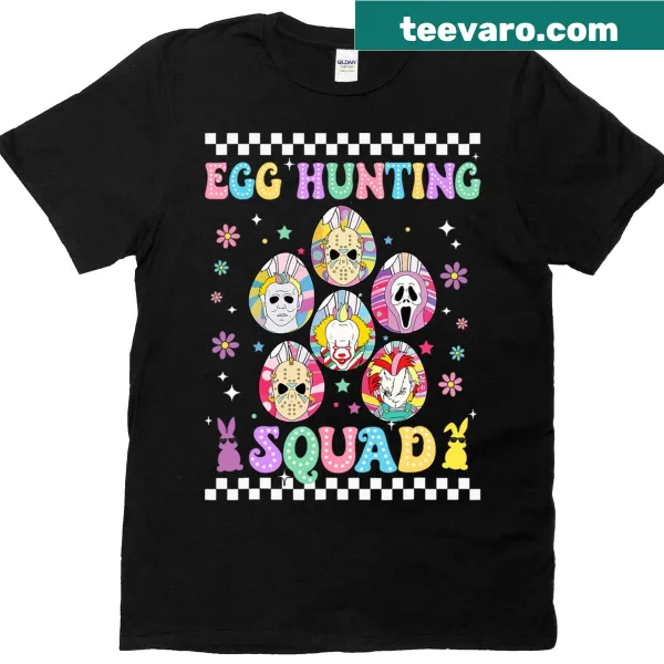 Horror-themed Easter t-shirt with 'Prepare To Groovy Dye' and egg hunting design