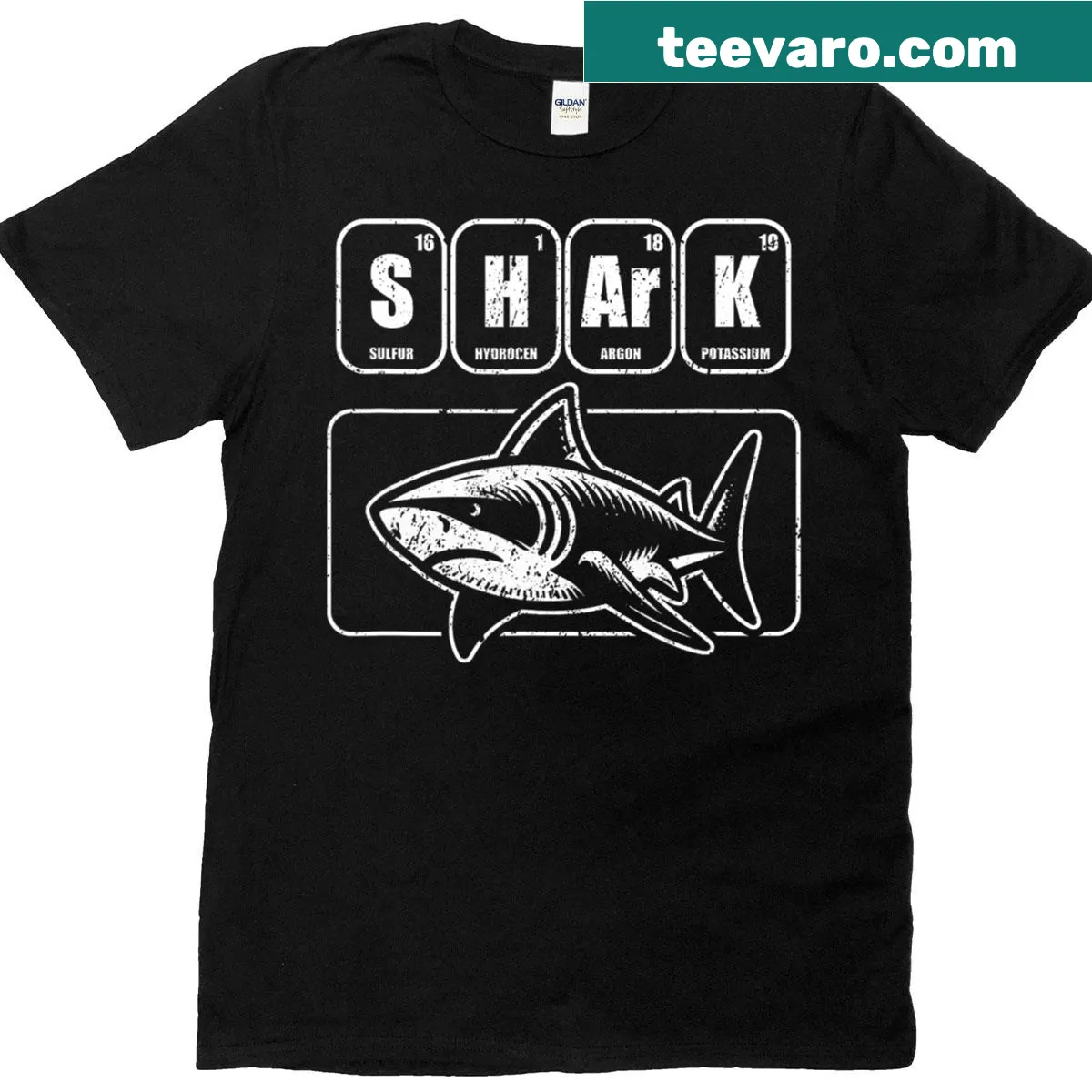 Shark graphic combined with periodic elements for science lovers — on a men's t-shirt