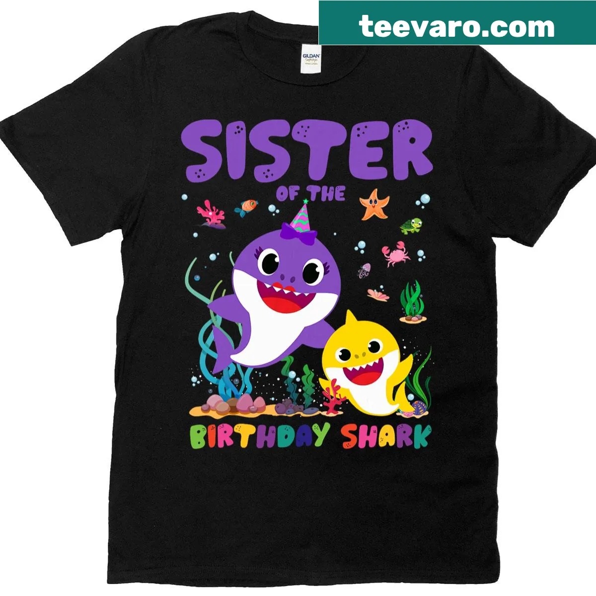Cartoon shark birthday t-shirt for kids with fun graphics — on a men's t-shirt