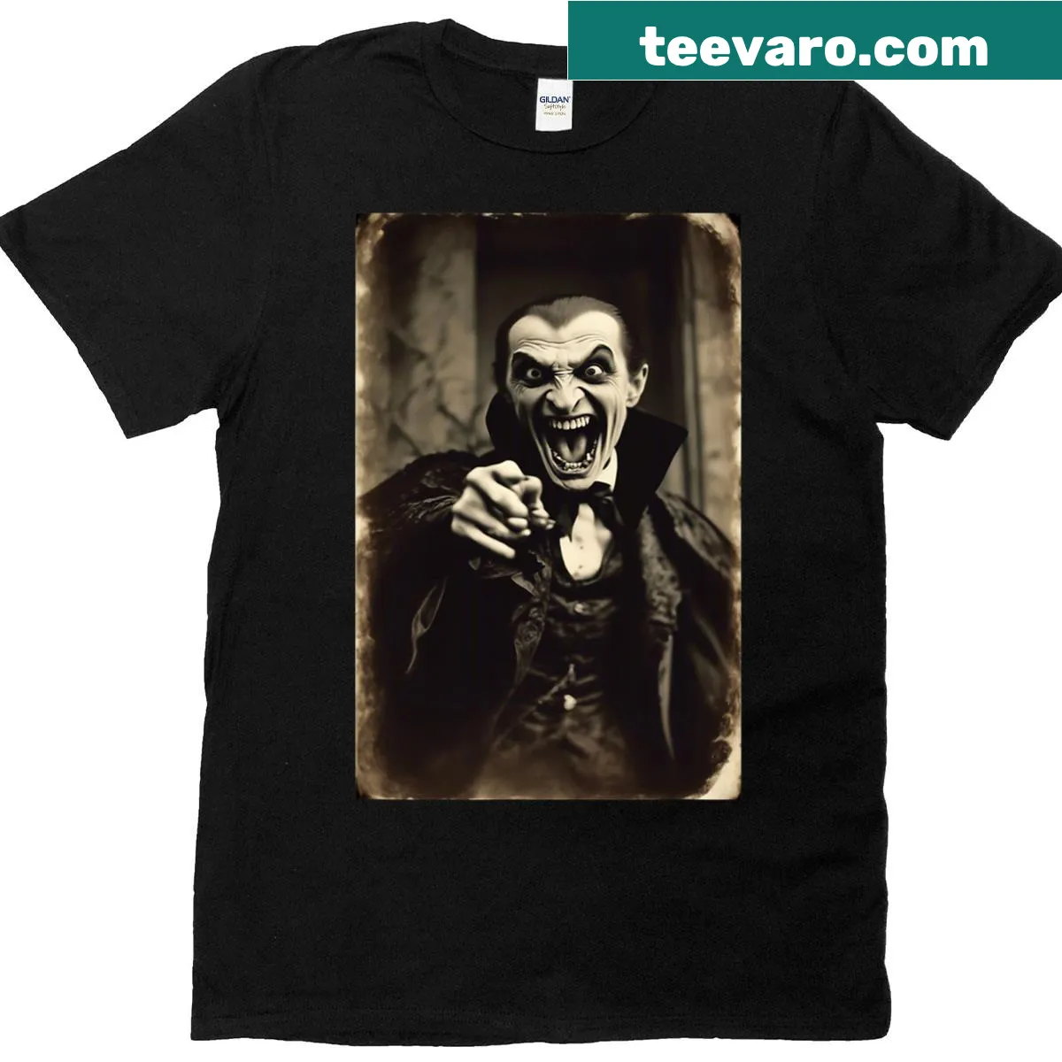Vintage distressed t-shirt with a laughing vampire graphic — on a men's t-shirt