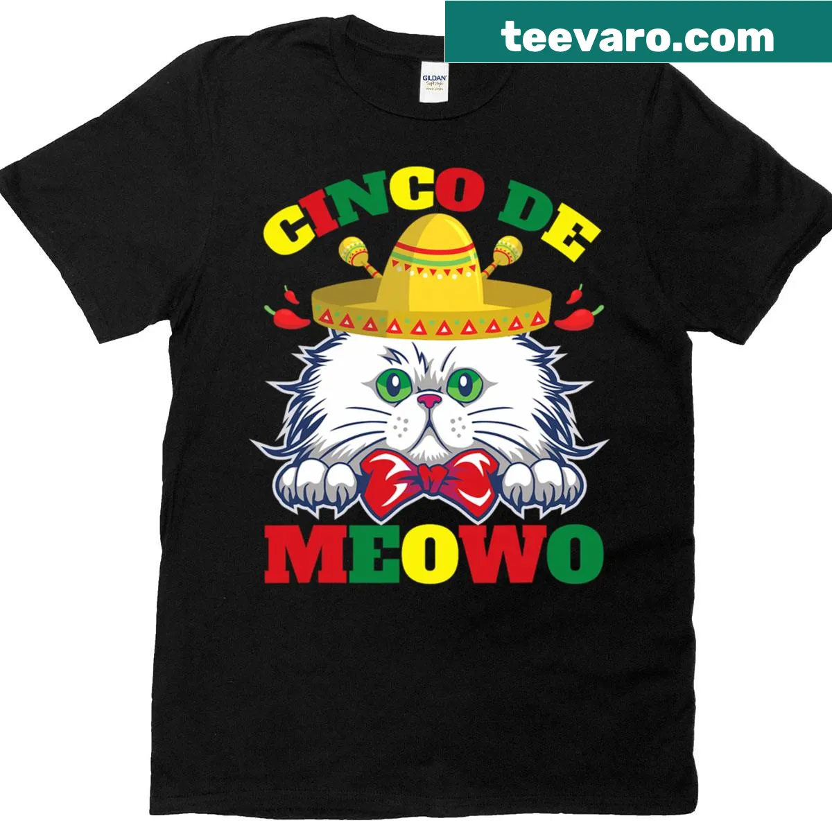 Cute white cat with bow tie for Cinco de Mayo on T-shirt — on a men's t-shirt