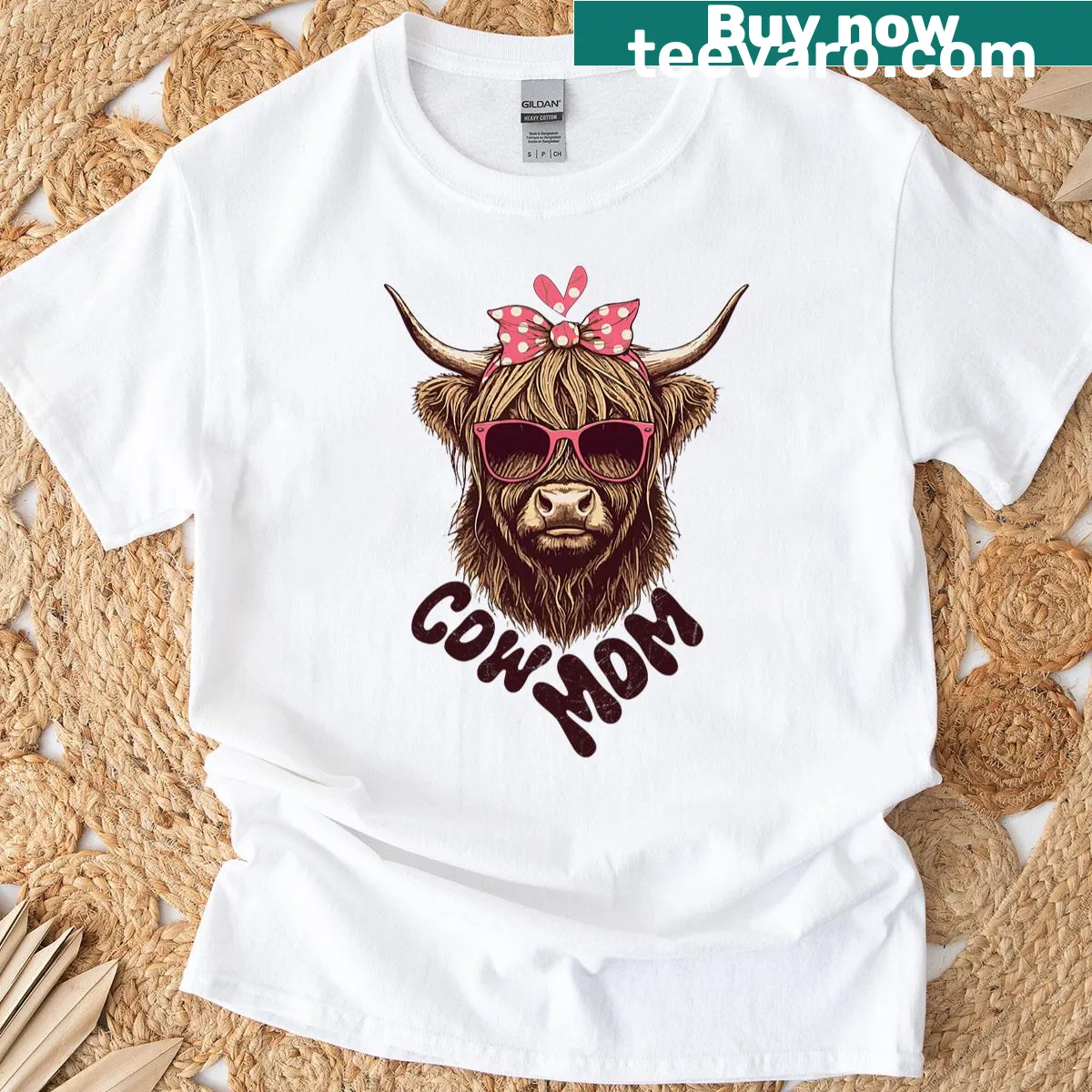 Cute Highland Cow Mom t-shirt with floral illustration — on a men's t-shirt