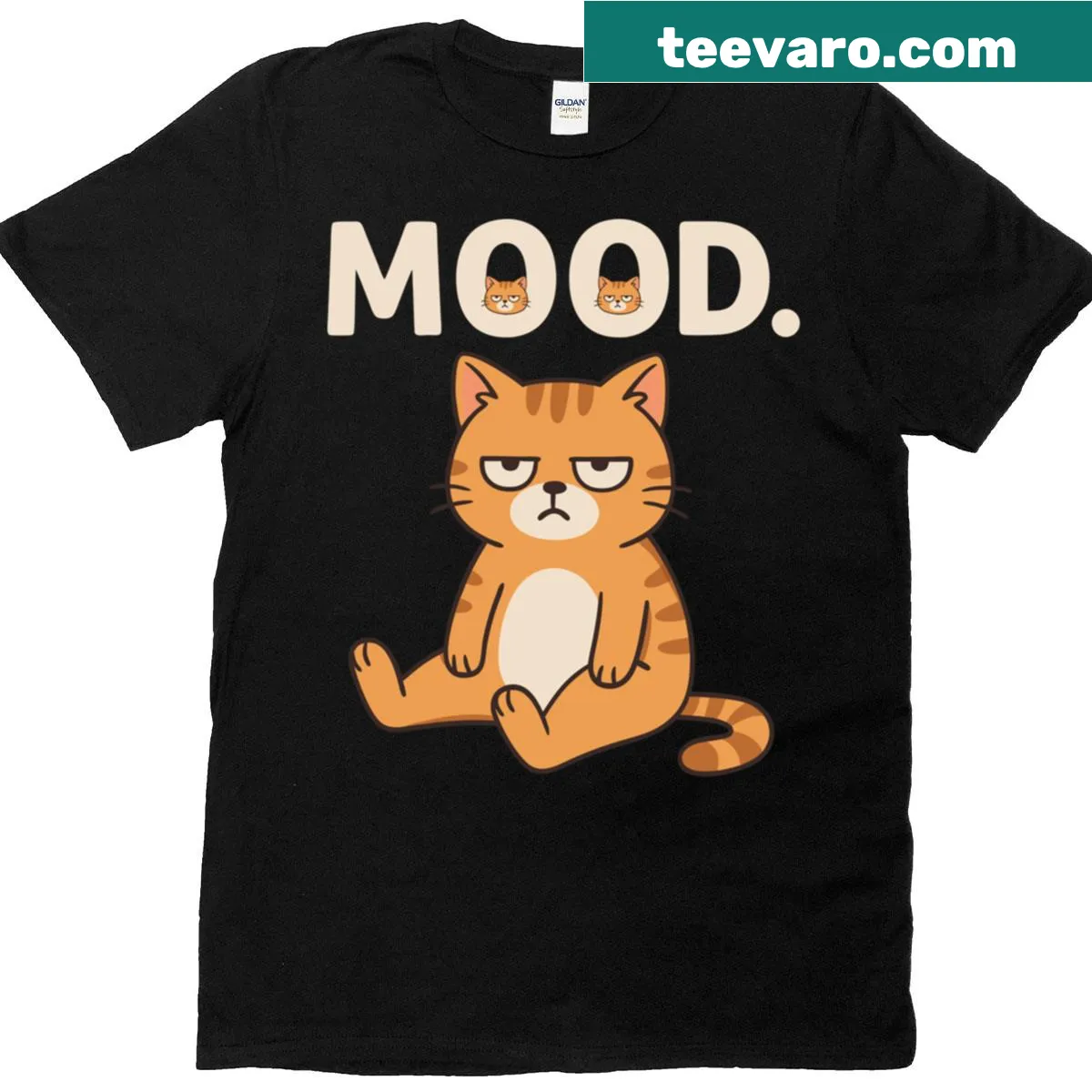 Cartoon T-shirt featuring a grumpy orange cat illustration — on a men's t-shirt