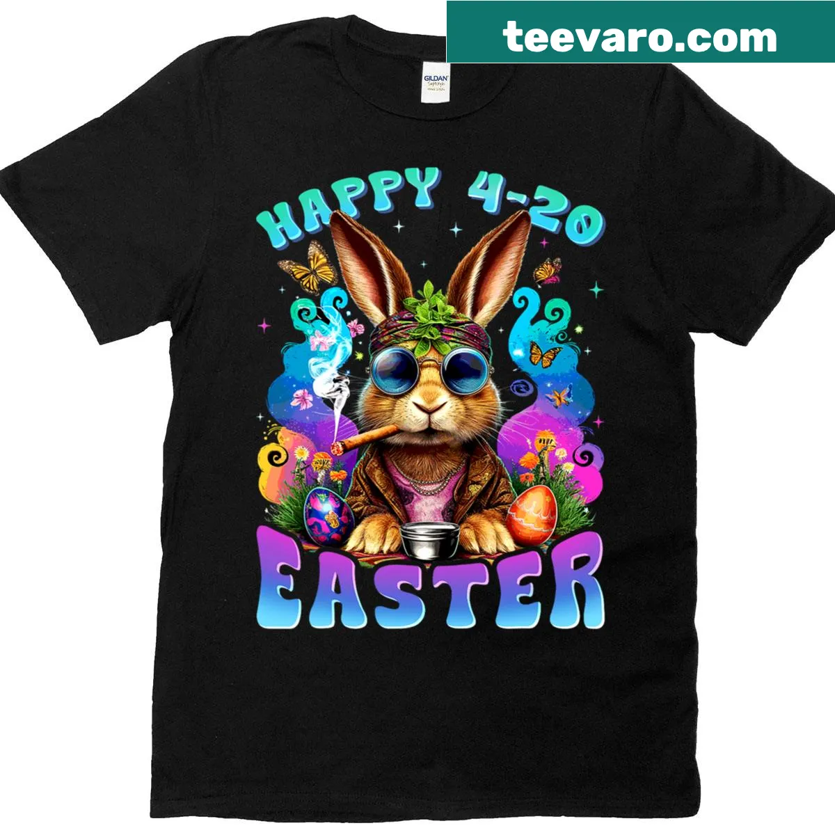 Funny Easter Bunny t-shirt featuring smoking bunny design — on a men's t-shirt