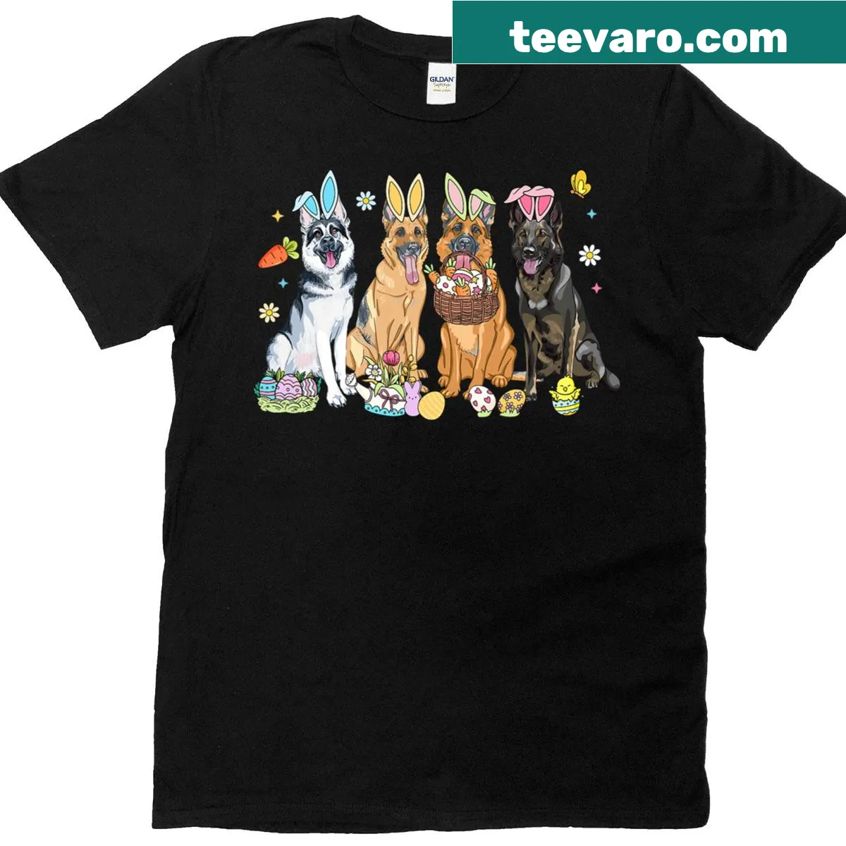 German Shepherd wearing bunny ears for Easter — on a men's t-shirt