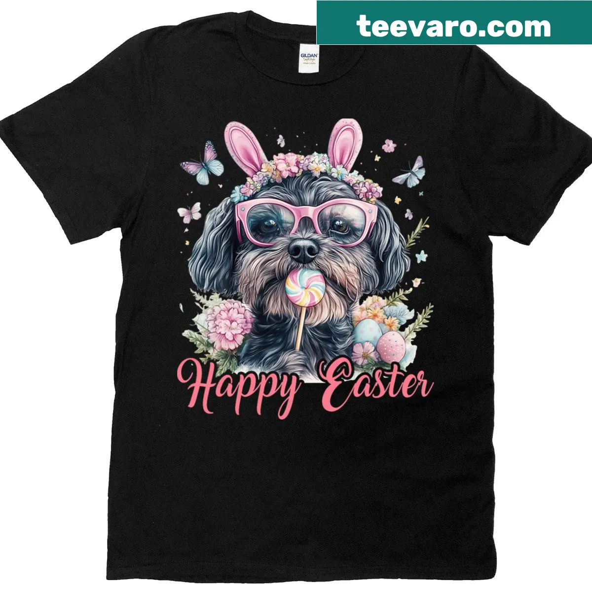 Shih Tzu wearing bunny ears graphic on Easter T-shirt — on a men's t-shirt