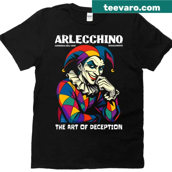 Artistic t-shirt featuring 'The Art Of Deception' text with Harlequin theme